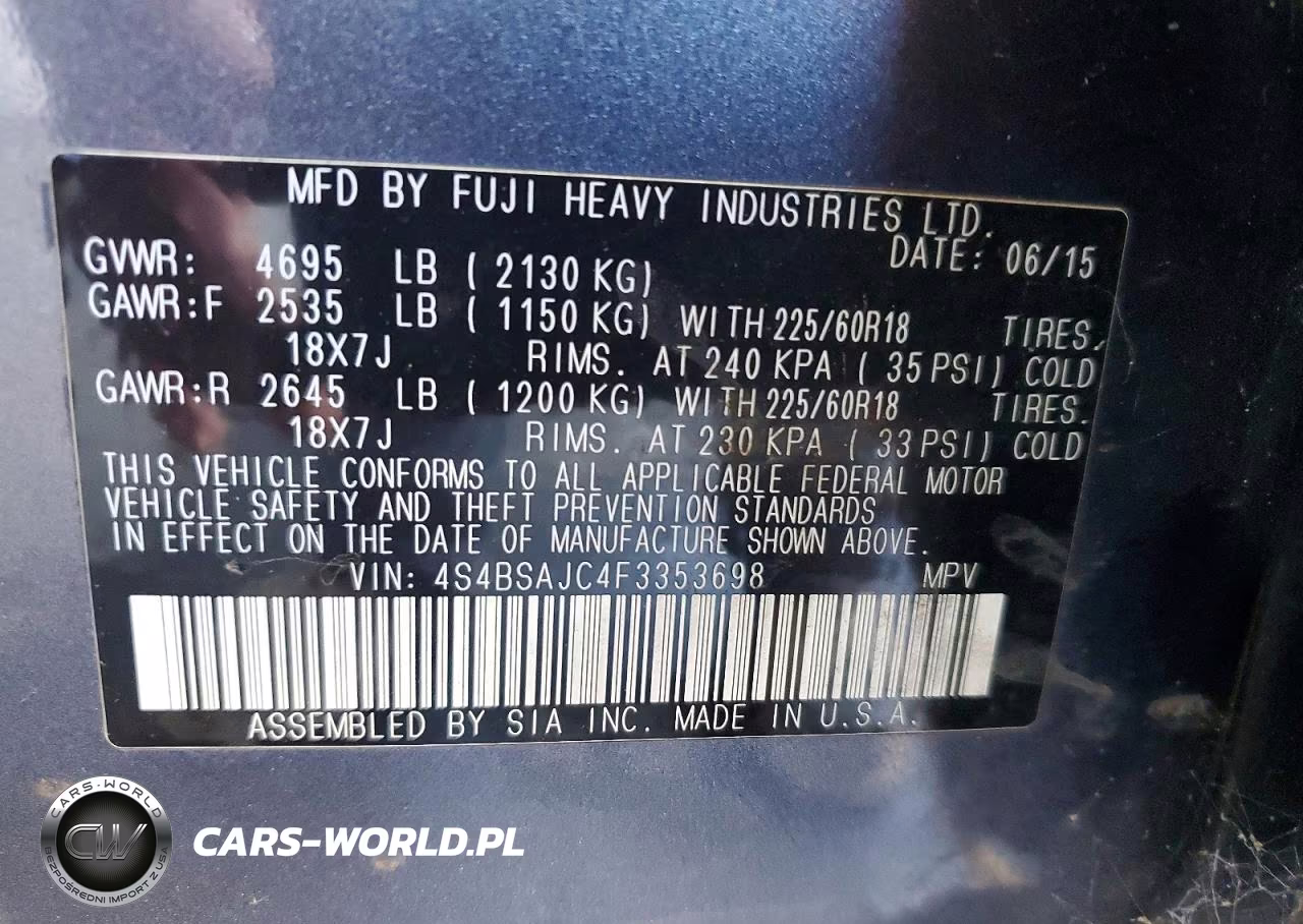 2015 Subaru Outback 2.5I Limited VIN:4S4BSAJC4F3353698 - 12