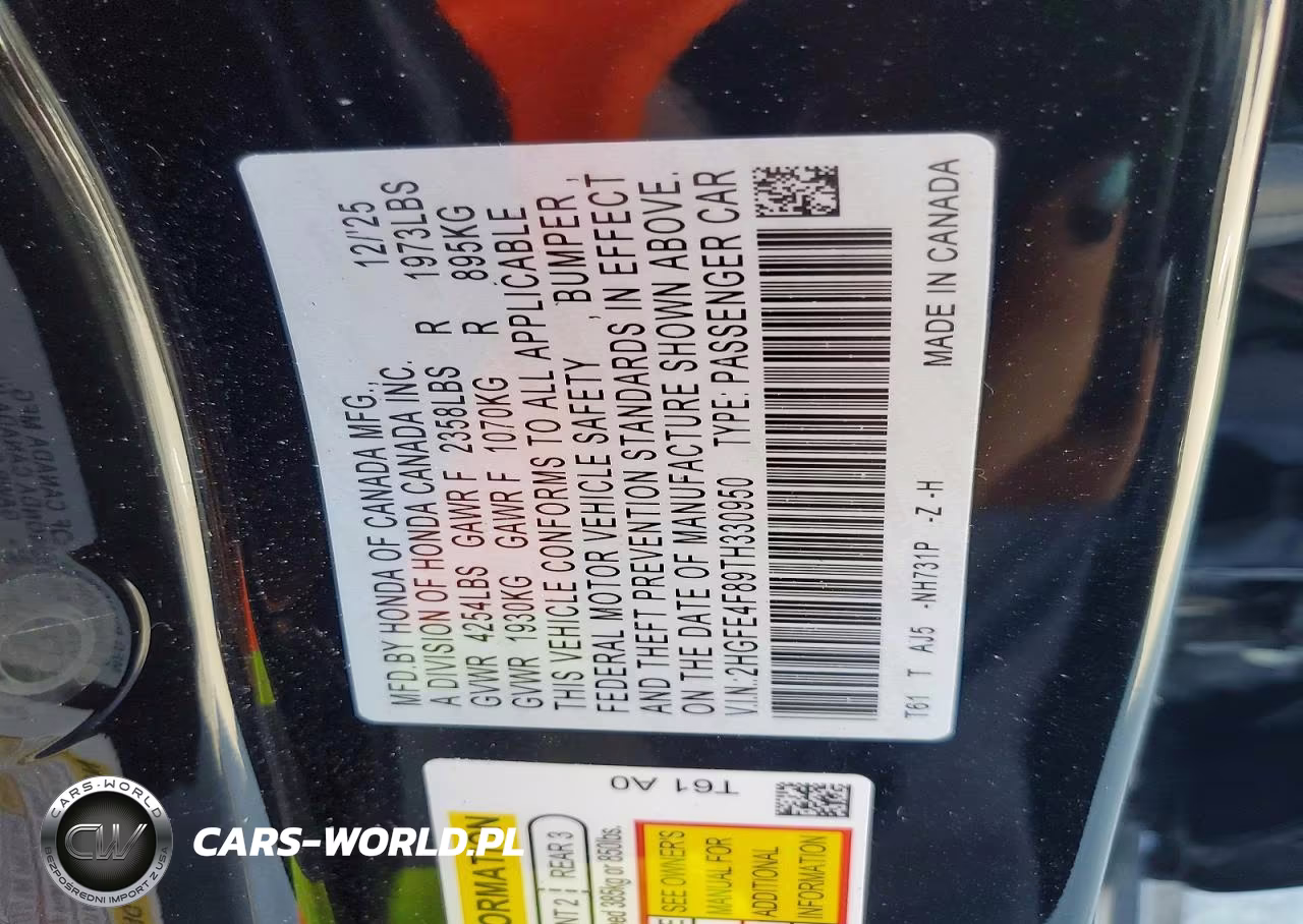 2026 Honda Civic Sport VIN:2HGFE4F89TH330950 - 12