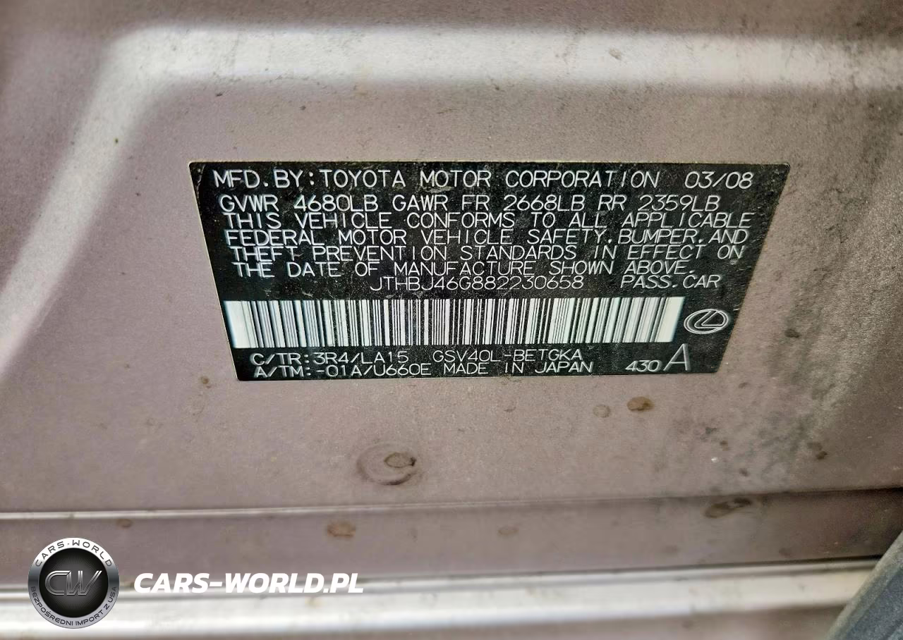 2008 Lexus Es 350 VIN:JTHBJ46G882230658 - 12