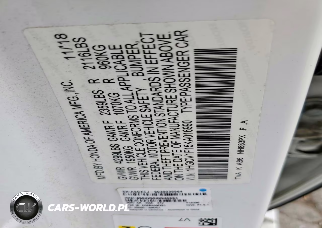 2019 Honda Accord Lx VIN:1HGCV1F15KA016990 - 12