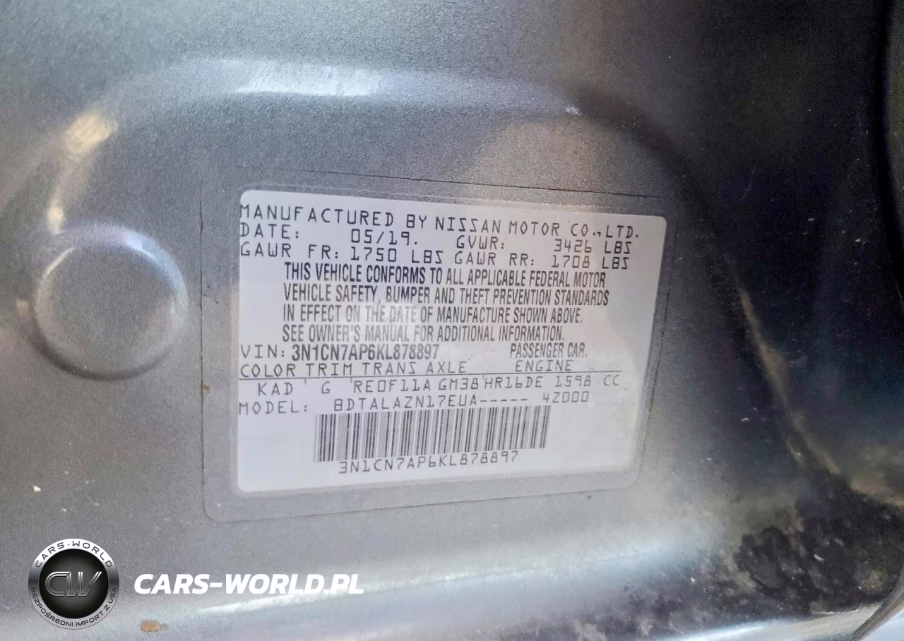 2019 Nissan Versa S Plus VIN:3N1CN7AP6KL878897 - 12