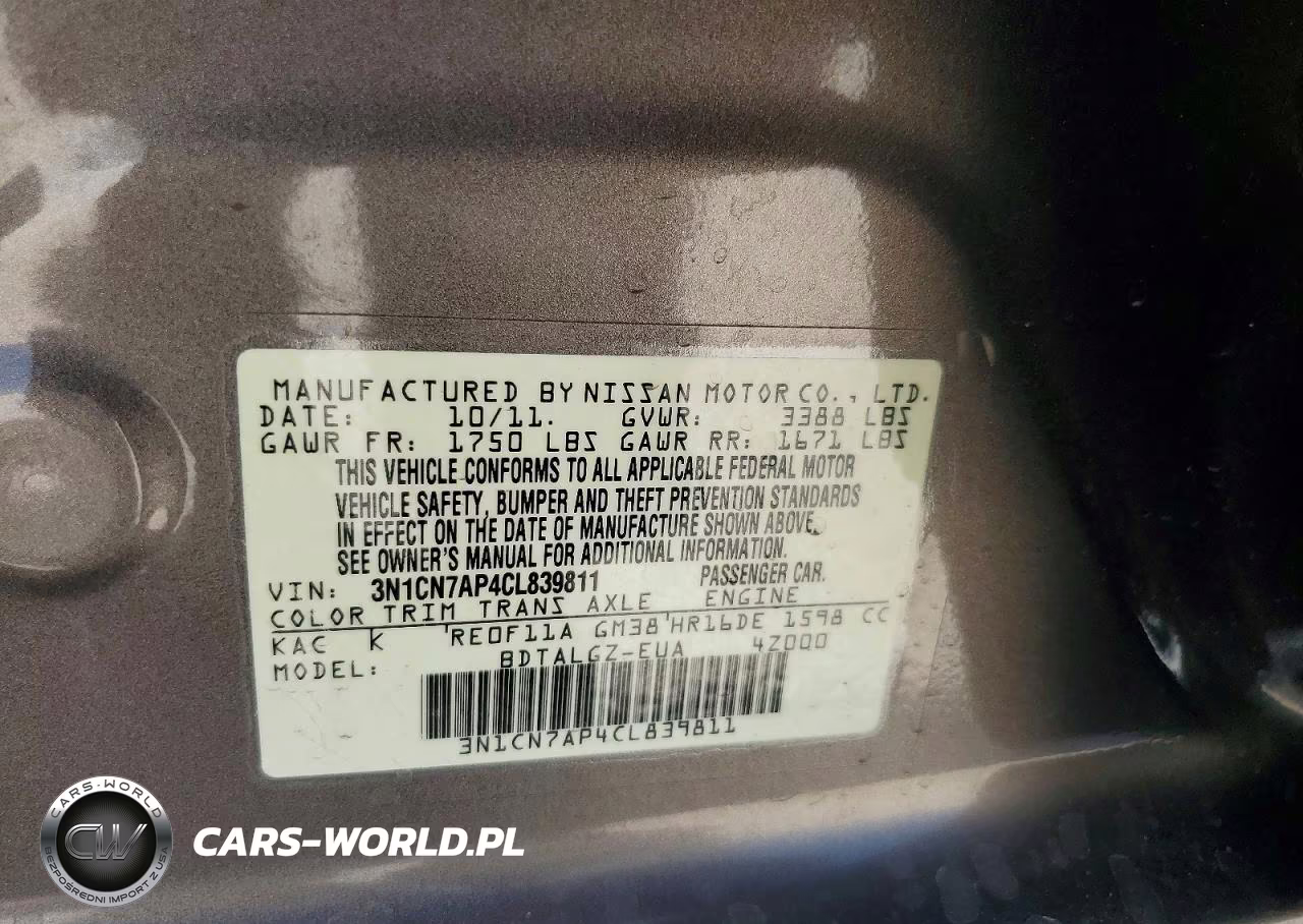 2012 Nissan Versa 1.6 S VIN:3N1CN7AP4CL839811 - 12