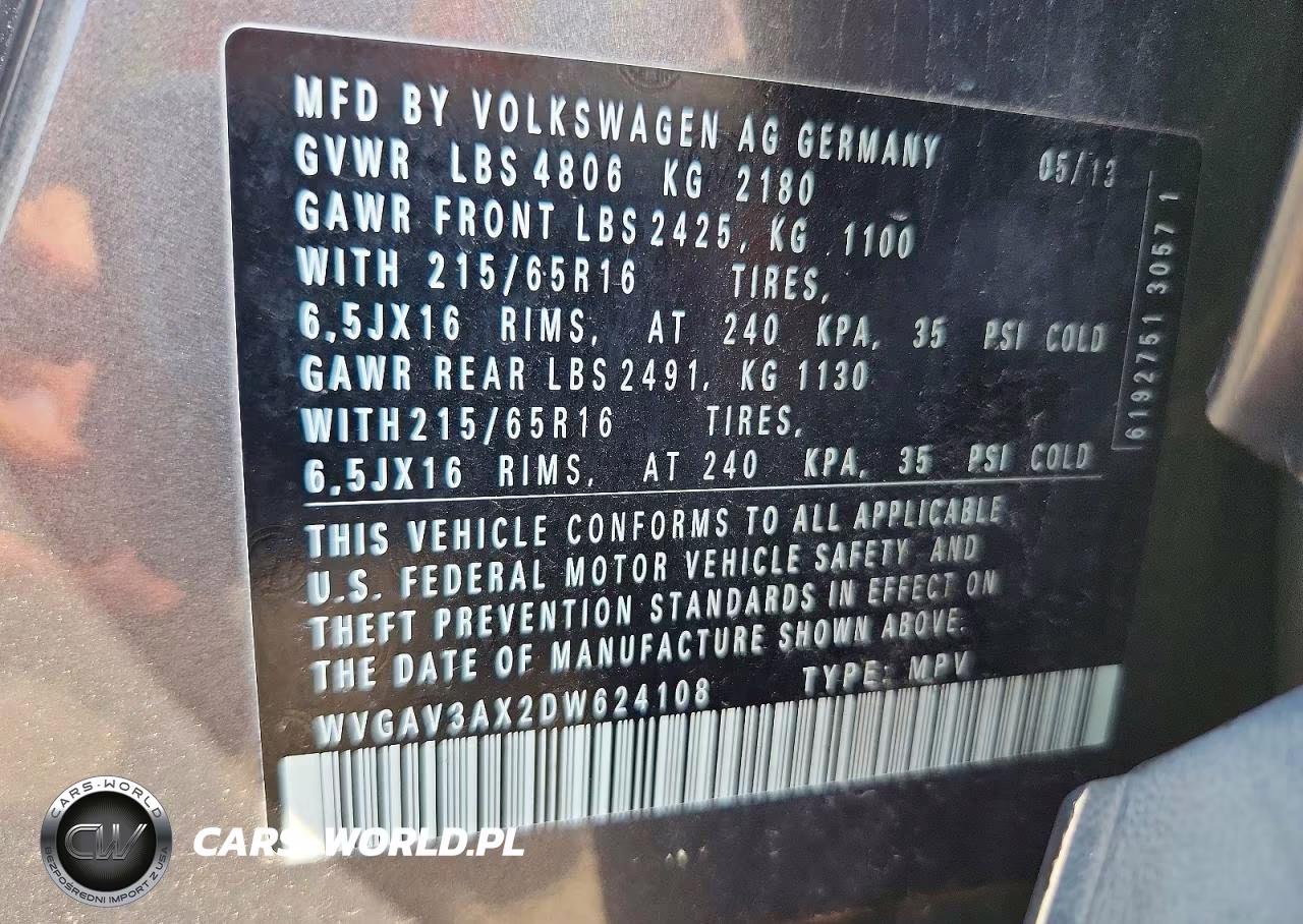 2013 Volkswagen Tiguan S VIN:WVGAV3AX2DW624108 - 13