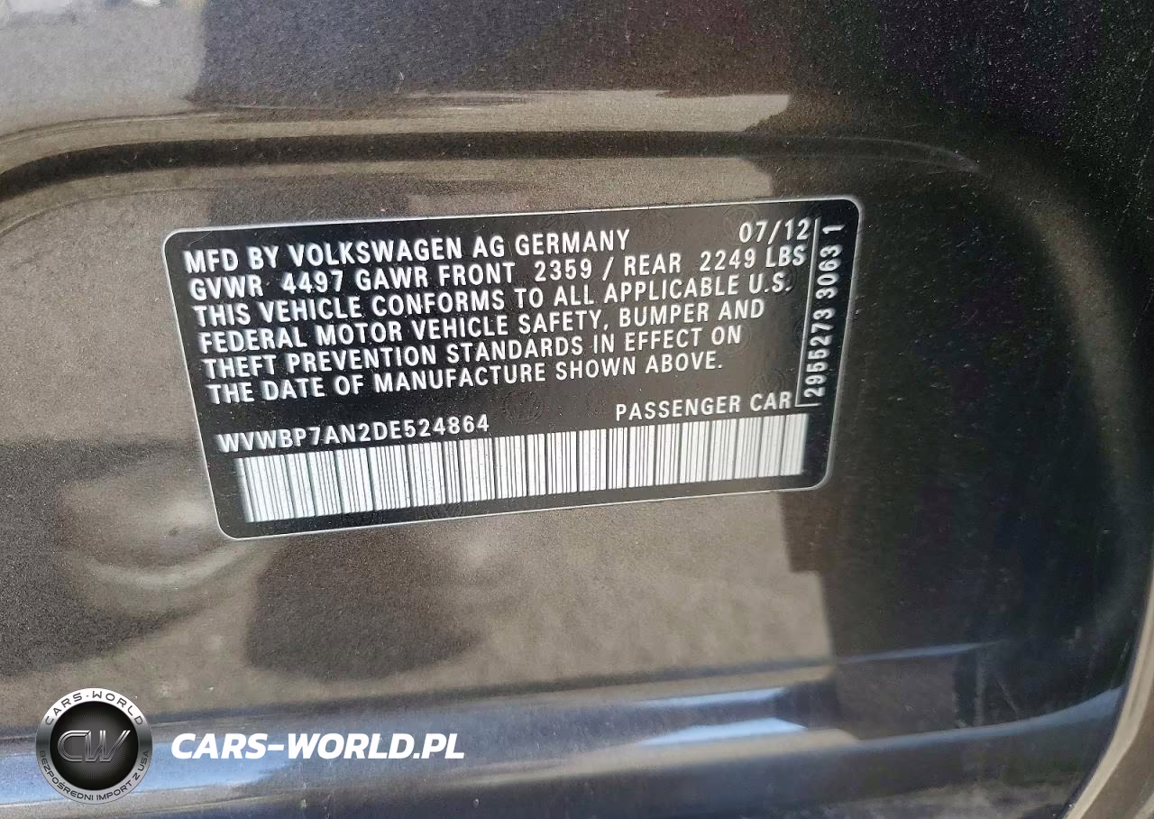 2013 Volkswagen Cc Sport VIN:WVWBP7AN2DE524864 - 12