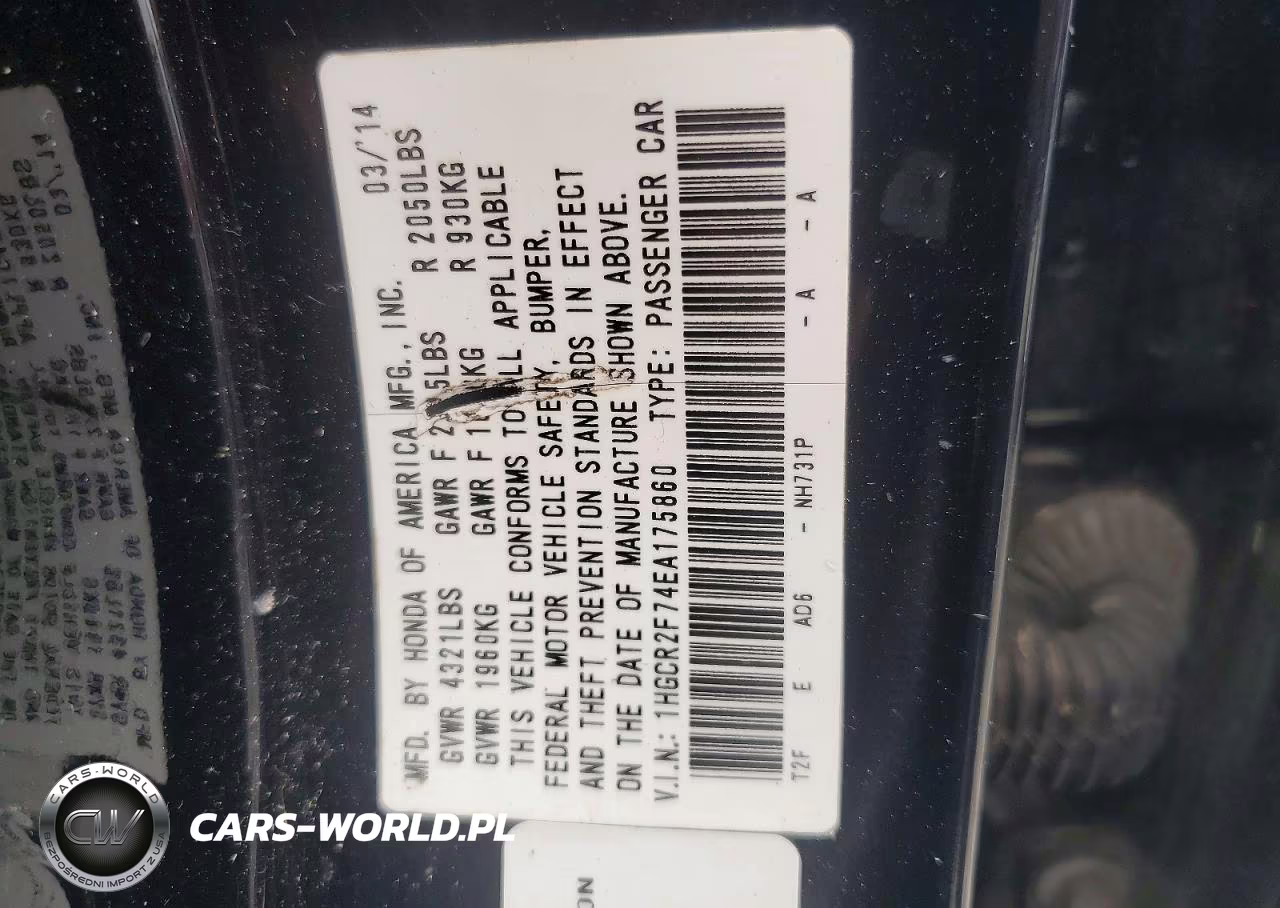 2014 Honda Accord Ex VIN:1HGCR2F74EA175860 - 14