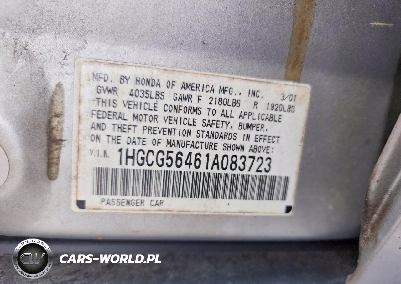 2001 Honda Accord Lx VIN:1HGCG56461A083723 - 12
