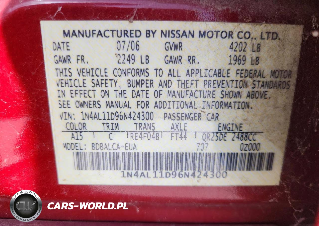 2006 Nissan Altima 2.5 VIN:1N4AL11D96N424300 - 12