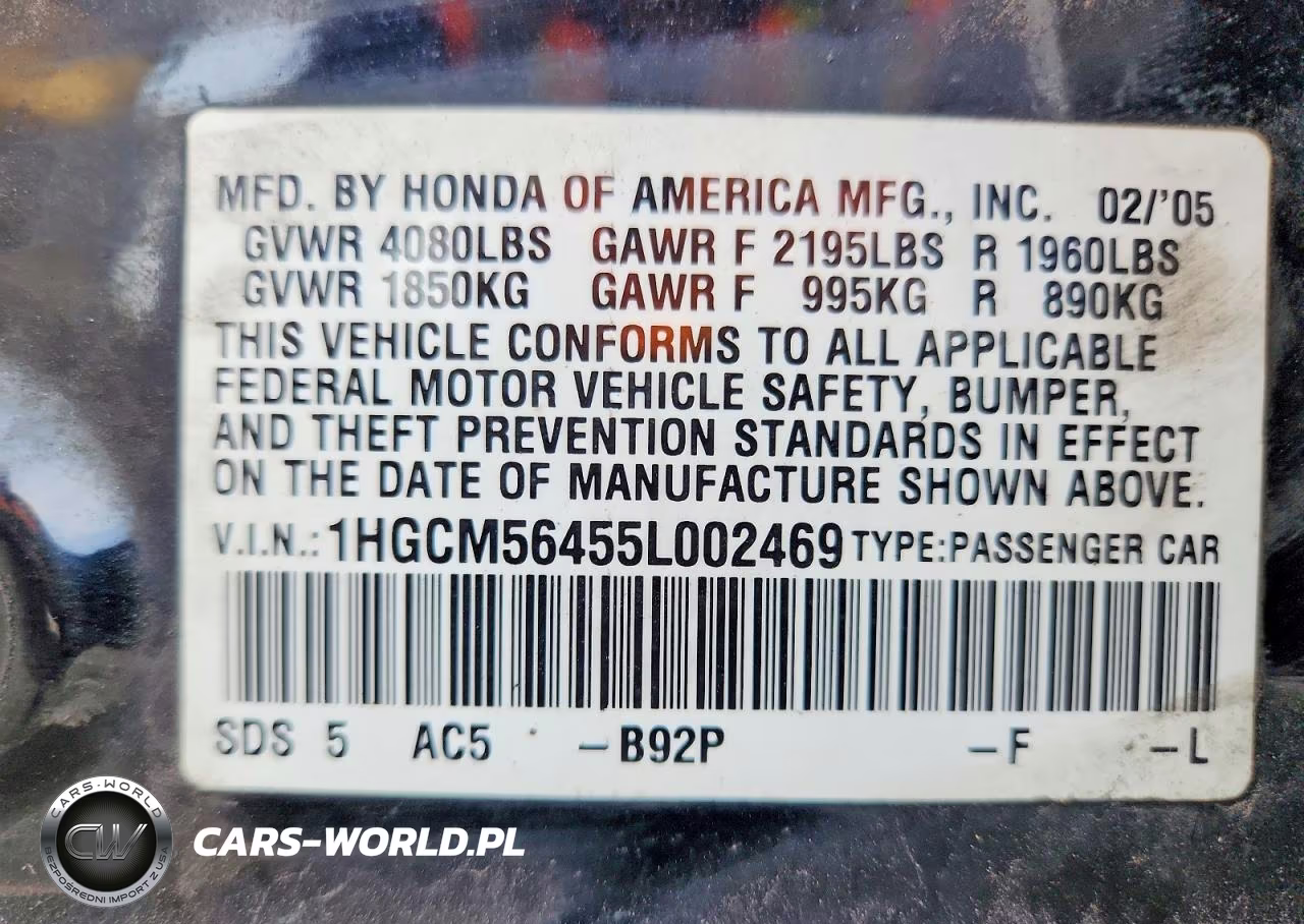 2005 Honda Accord Lx VIN:1HGCM56455L002469 - 12