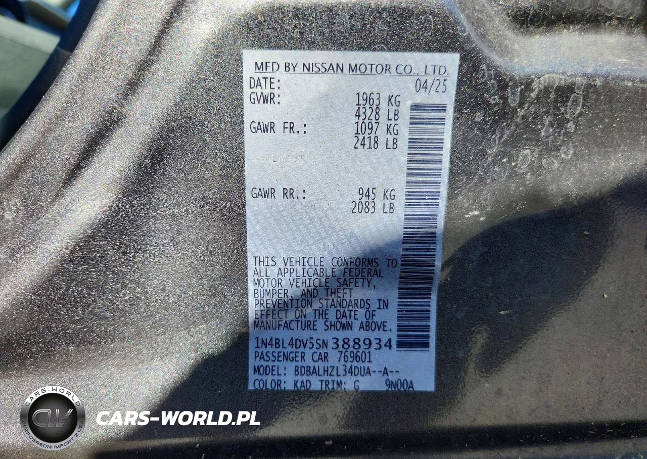 2025 Nissan Altima Sv VIN:1N4BL4DV5SN388934 - 12