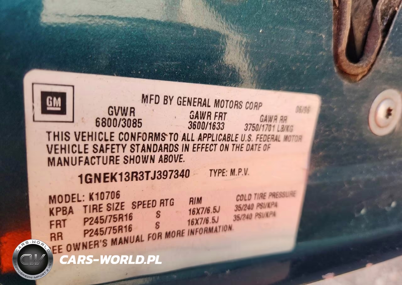 1996 Chevrolet Tahoe K1500 VIN:1GNEK13R3TJ397340 - 13