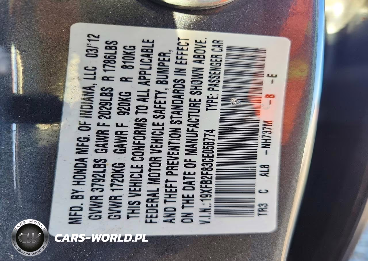 2012 Honda Civic Ex VIN:19XFB2F83CE058774 - 12