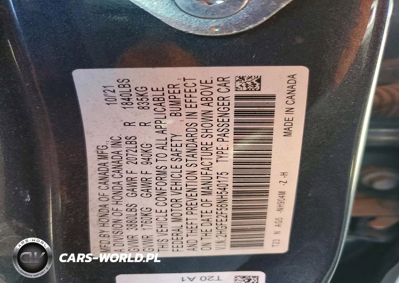 2022 Honda Civic Sport VIN:2HGFE2F56NH540175 - 12