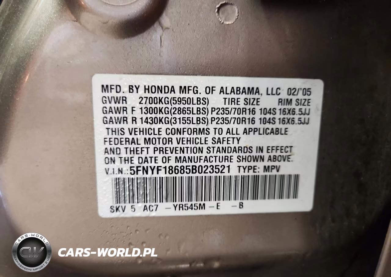 2005 Honda Pilot Exl VIN:5FNYF18685B023521 - 12