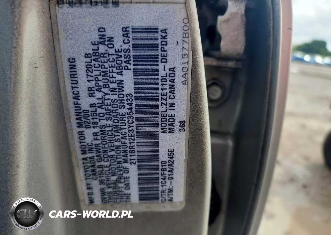 2000 Toyota Corolla Ve VIN:2T1BR12E3YC354433 - 12