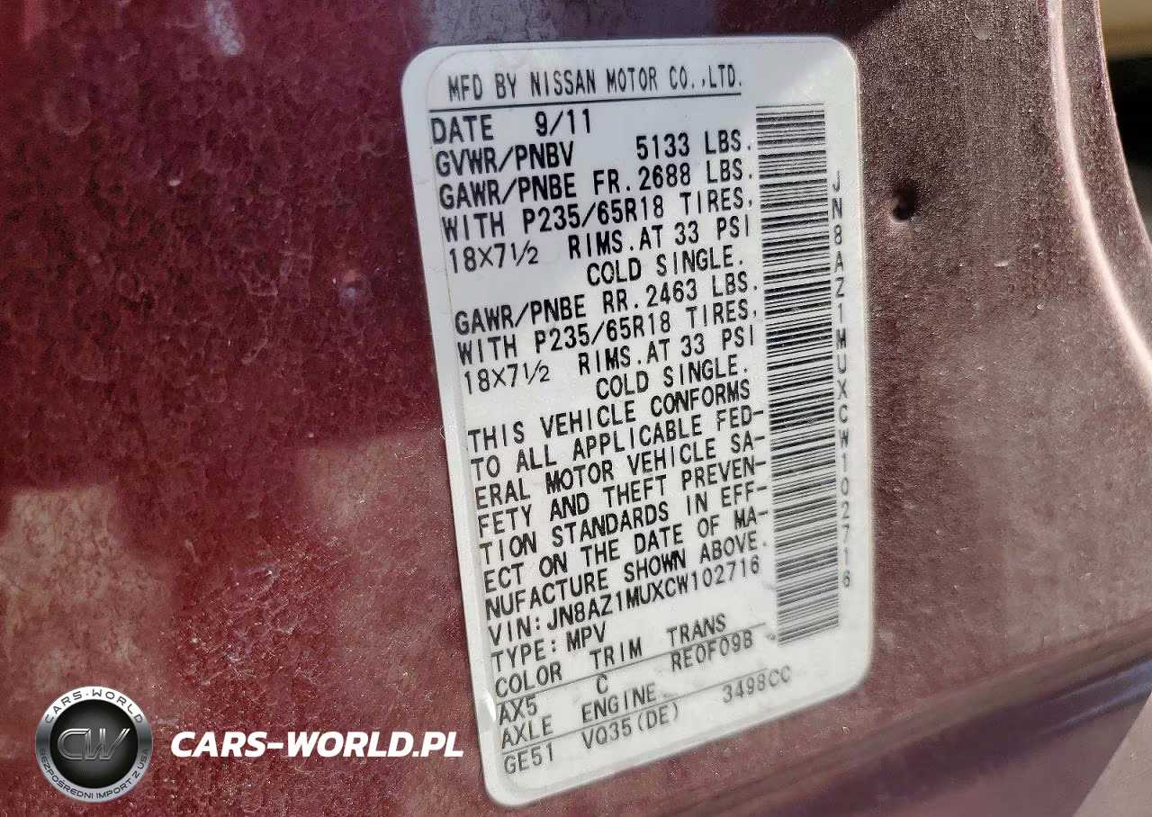 2012 Nissan Murano S VIN:JN8AZ1MUXCW102716 - 13