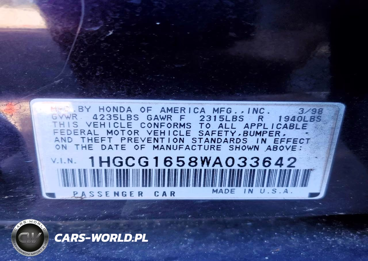 1998 Honda Accord Ex VIN:1HGCG1658WA033642 - 12