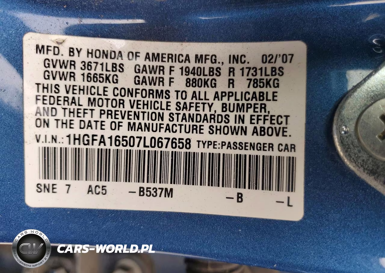 2007 Honda Civic Lx VIN:1HGFA16507L067658 - 12
