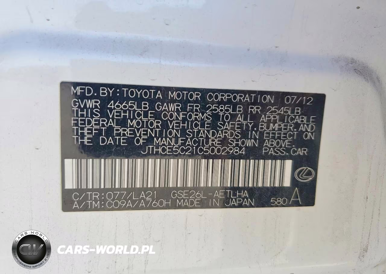 2012 Lexus Is 350 VIN:JTHCE5C21C5002984 - 12