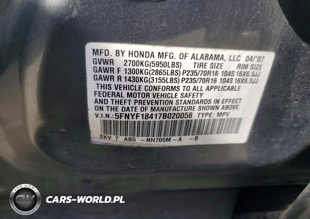 2007 Honda Pilot Ex VIN:5FNYF18417B020056 - 13