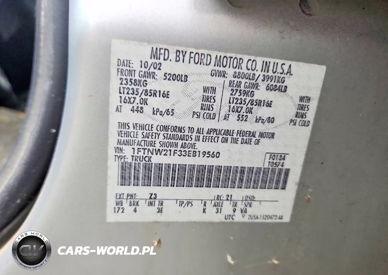 2003 Ford F250 Super Duty VIN:1FTNW21F33EB19560 - 12