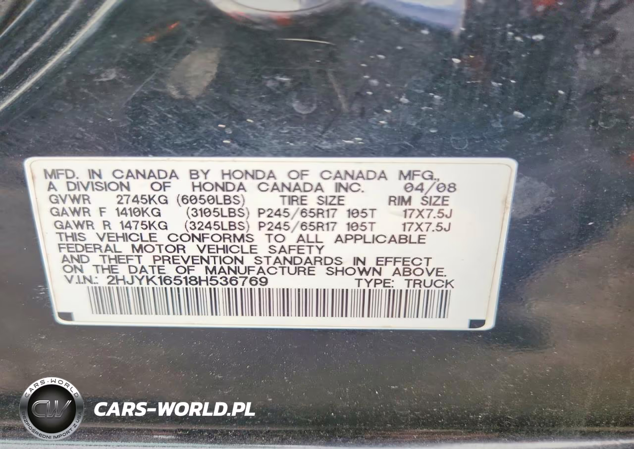 2008 Honda Ridgeline Rtl VIN:2HJYK16518H536769 - 12