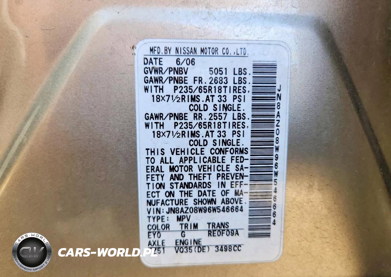2006 Nissan Murano S VIN:JN8AZ08W96W546664 - 14