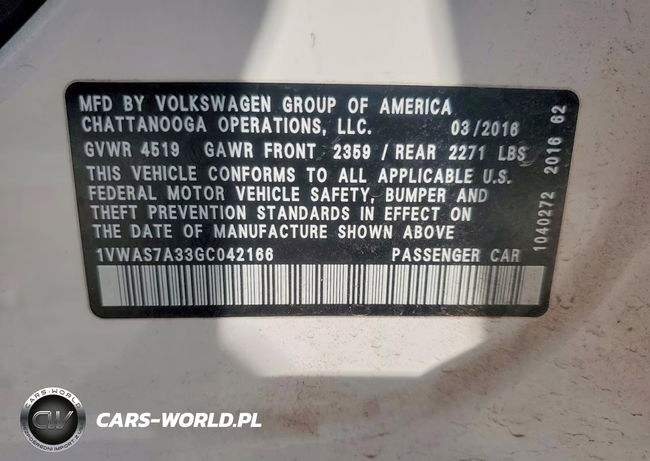 2016 Volkswagen Passat S VIN:1VWAS7A33GC042166 - 12