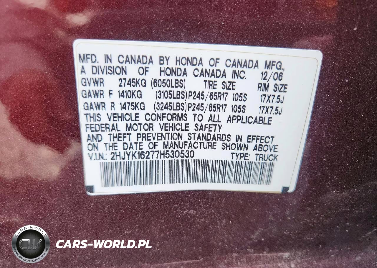 2007 Honda Ridgeline Rt VIN:2HJYK16277H530530 - 12