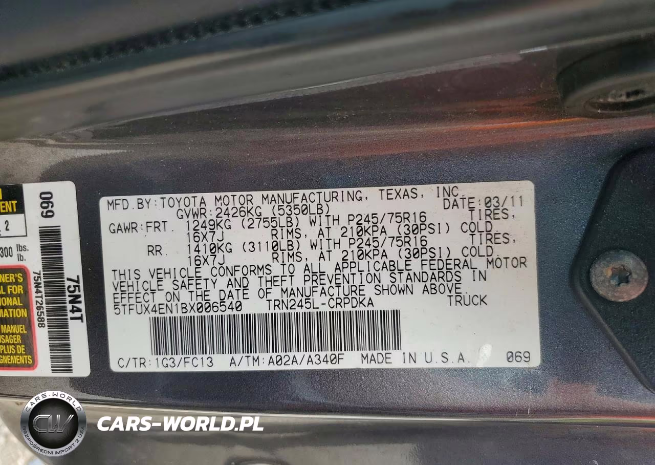 2011 Toyota Tacoma Base VIN:5TFUX4EN1BX006540 - 12