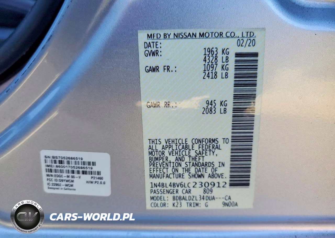 2020 Nissan Altima S VIN:1N4BL4BV6LC230912 - 12
