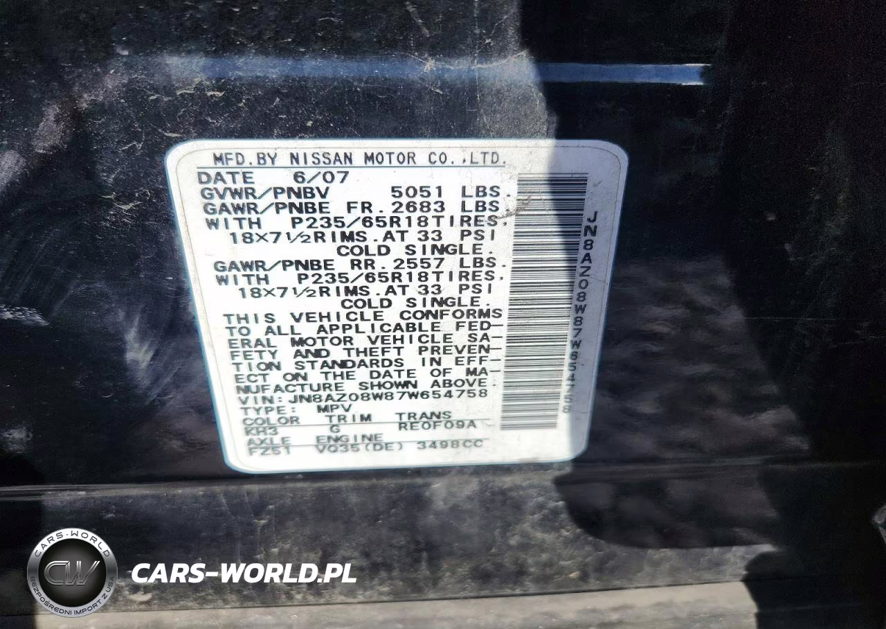 2007 Nissan Murano S VIN:JN8AZ08W87W654758 - 13