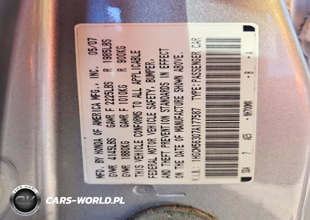 2007 Honda Accord Se VIN:1HGCM56307A177587 - 12