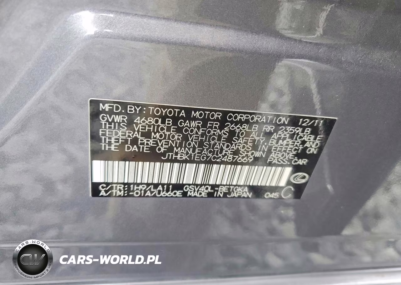 2012 Lexus Es 350 VIN:JTHBK1EG7C2487669 - 12