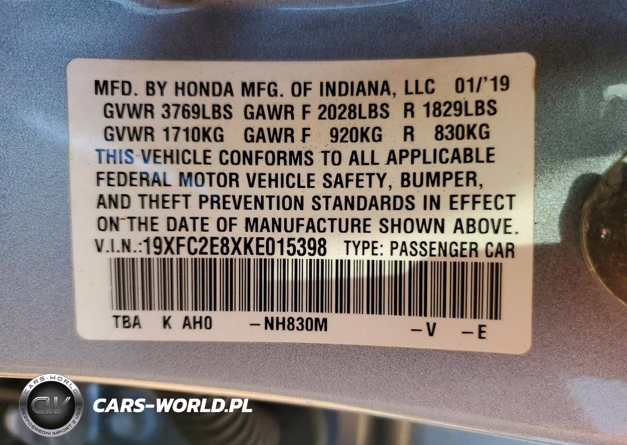 2019 Honda Civic Sport VIN:19XFC2E8XKE015398 - 13