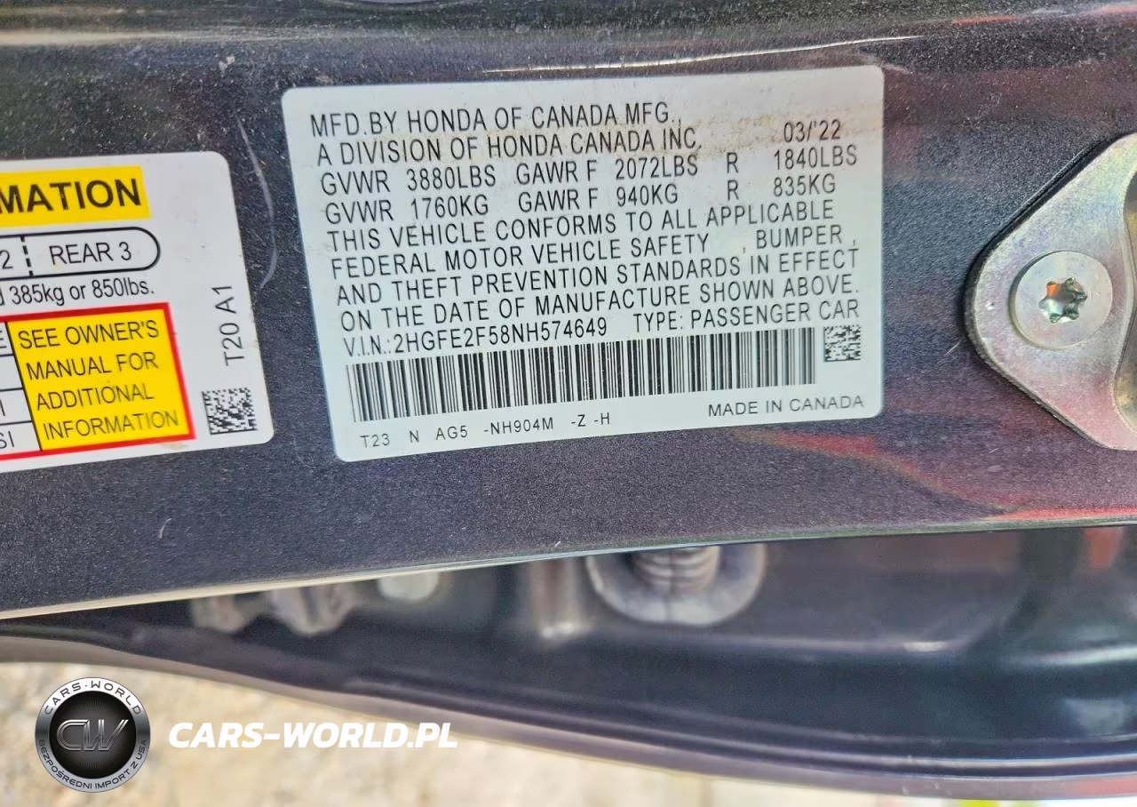 2022 Honda Civic Sport VIN:2HGFE2F58NH574649 - 12