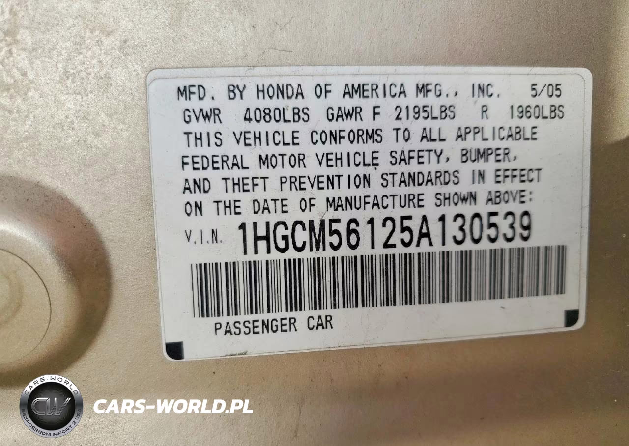 2005 Honda Accord Dx VIN:1HGCM56125A130539 - 13