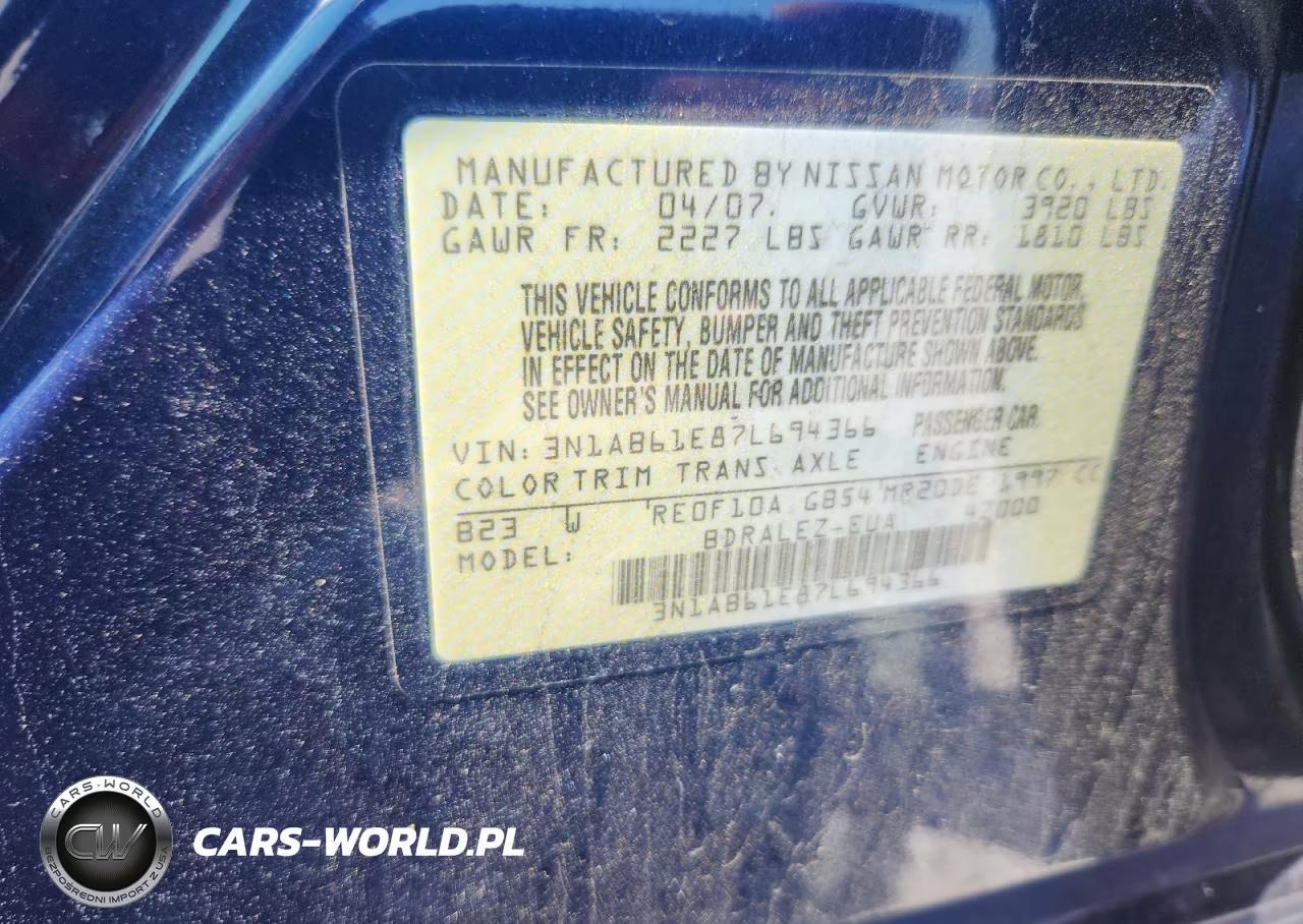 2007 Nissan Sentra 2.0 VIN:3N1AB61E87L694366 - 12