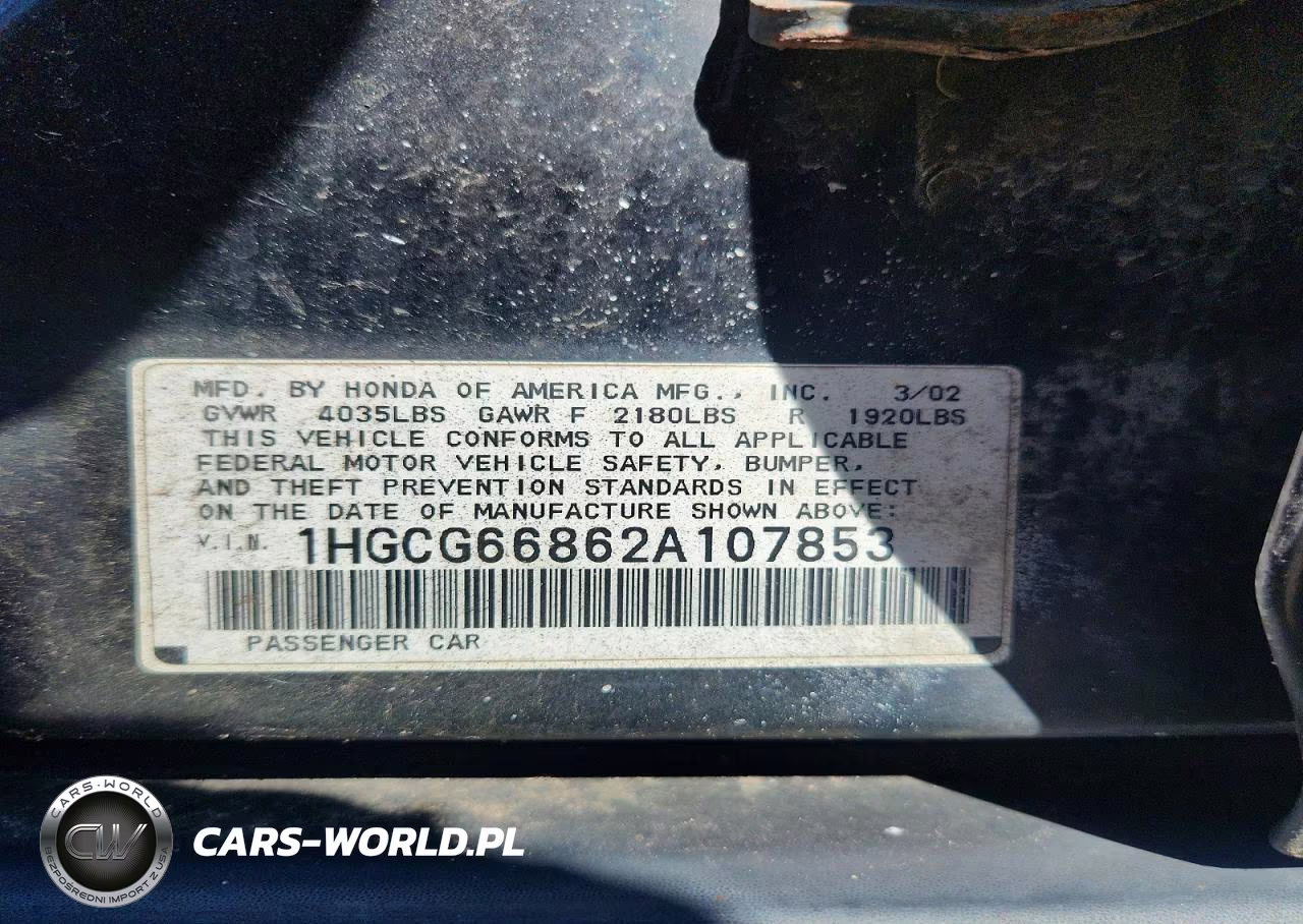 2002 Honda Accord VIN:1HGCG66862A107853 - 12