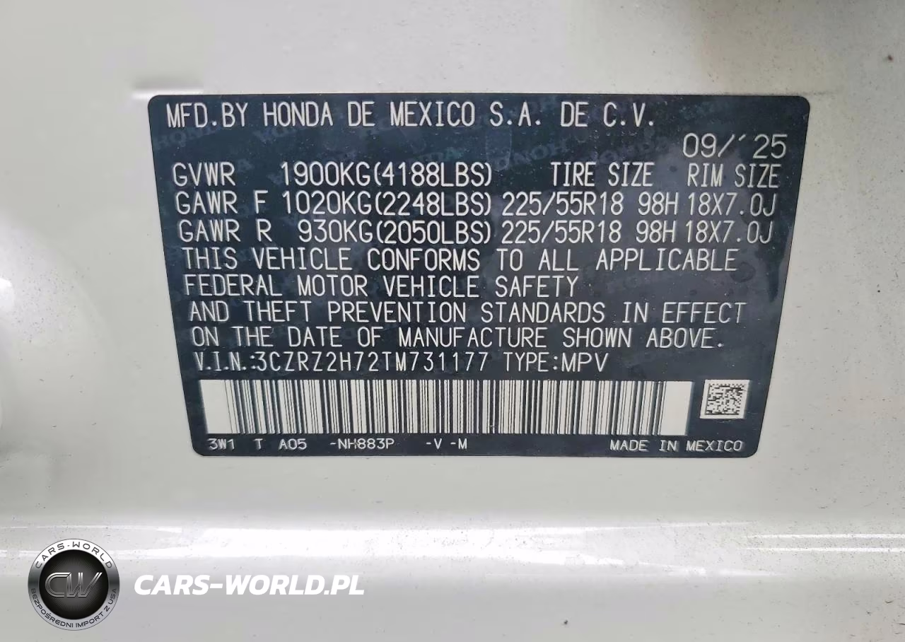 2026 Honda Hr-V Exl VIN:3CZRZ2H72TM731177 - 13