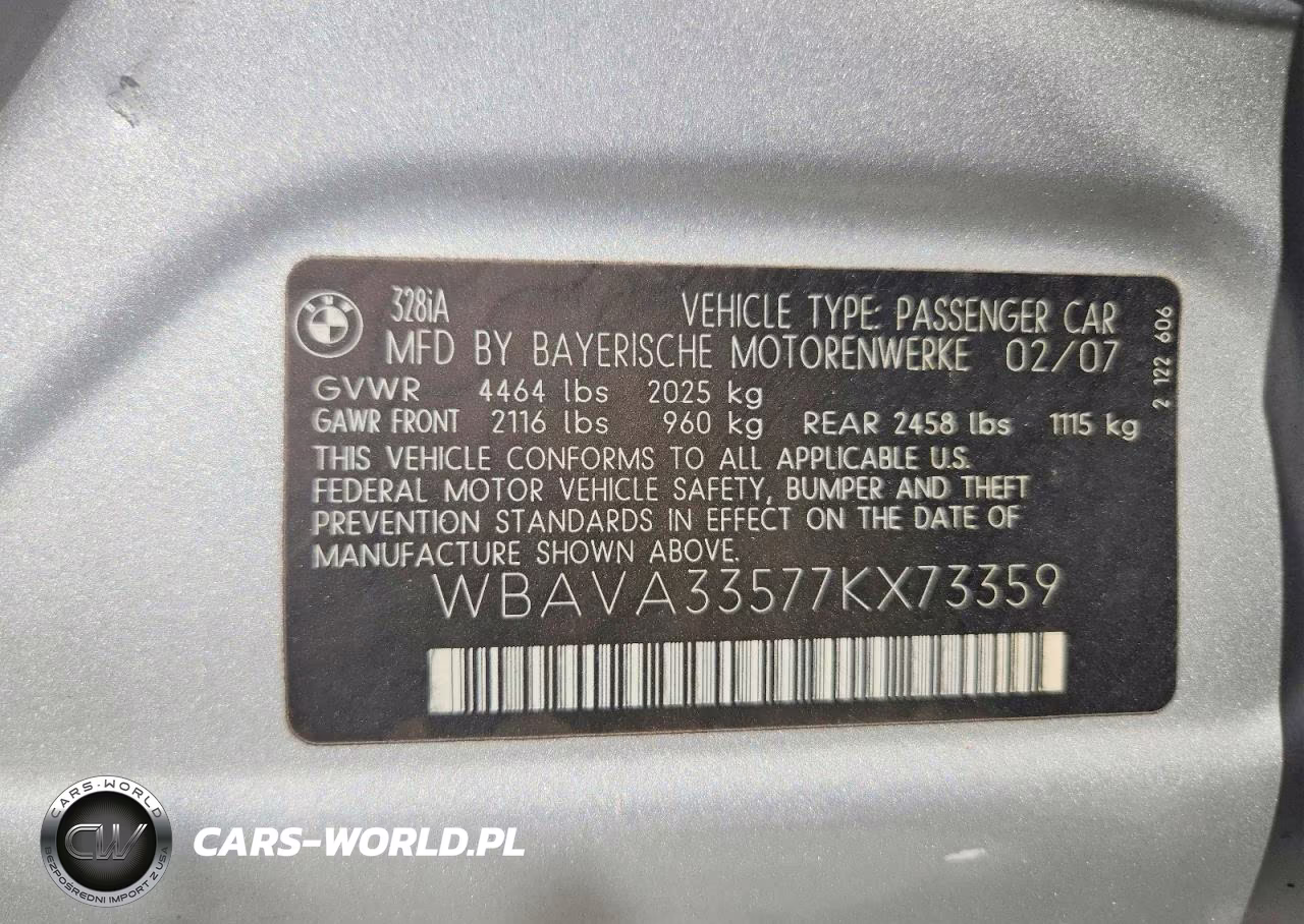 2007 BMW 328 I VIN:WBAVA33577KX73359 - 12