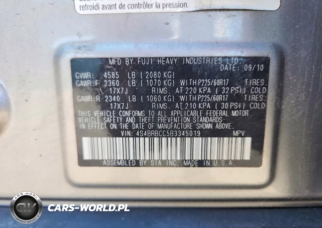 2011 Subaru Outback 2.5I Premium VIN:4S4BRBCC5B3345019 - 12