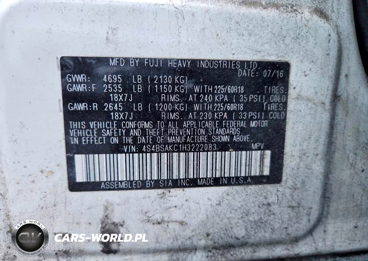 2017 Subaru Outback 2.5I Limited VIN:4S4BSAKC1H3222083 - 12