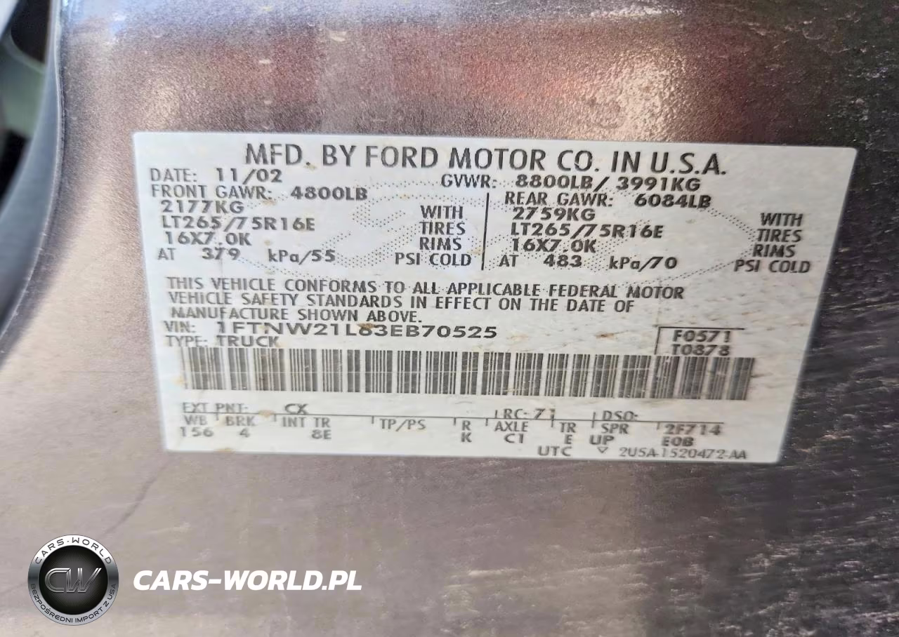 2003 Ford F250 Super Duty VIN:1FTNW21L63EB70525 - 12