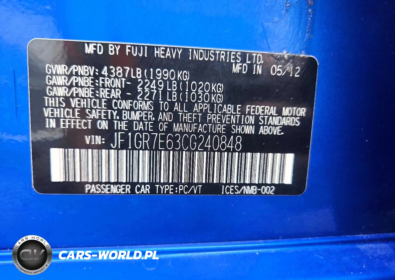 2012 Subaru Impreza Wrx VIN:JF1GR7E63CG240848 - 12