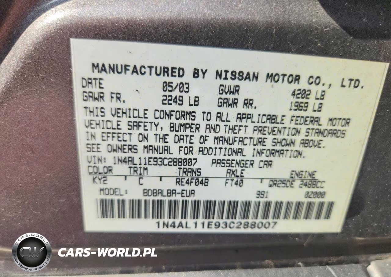 2003 Nissan Altima 2.5 S VIN:1N4AL11E93C288007 - 12
