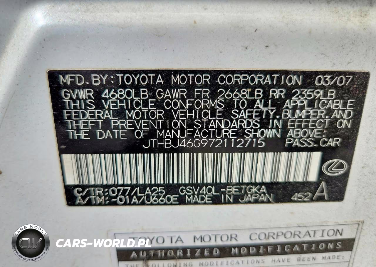 2007 Lexus Es 350 VIN:JTHBJ46G972112715 - 12