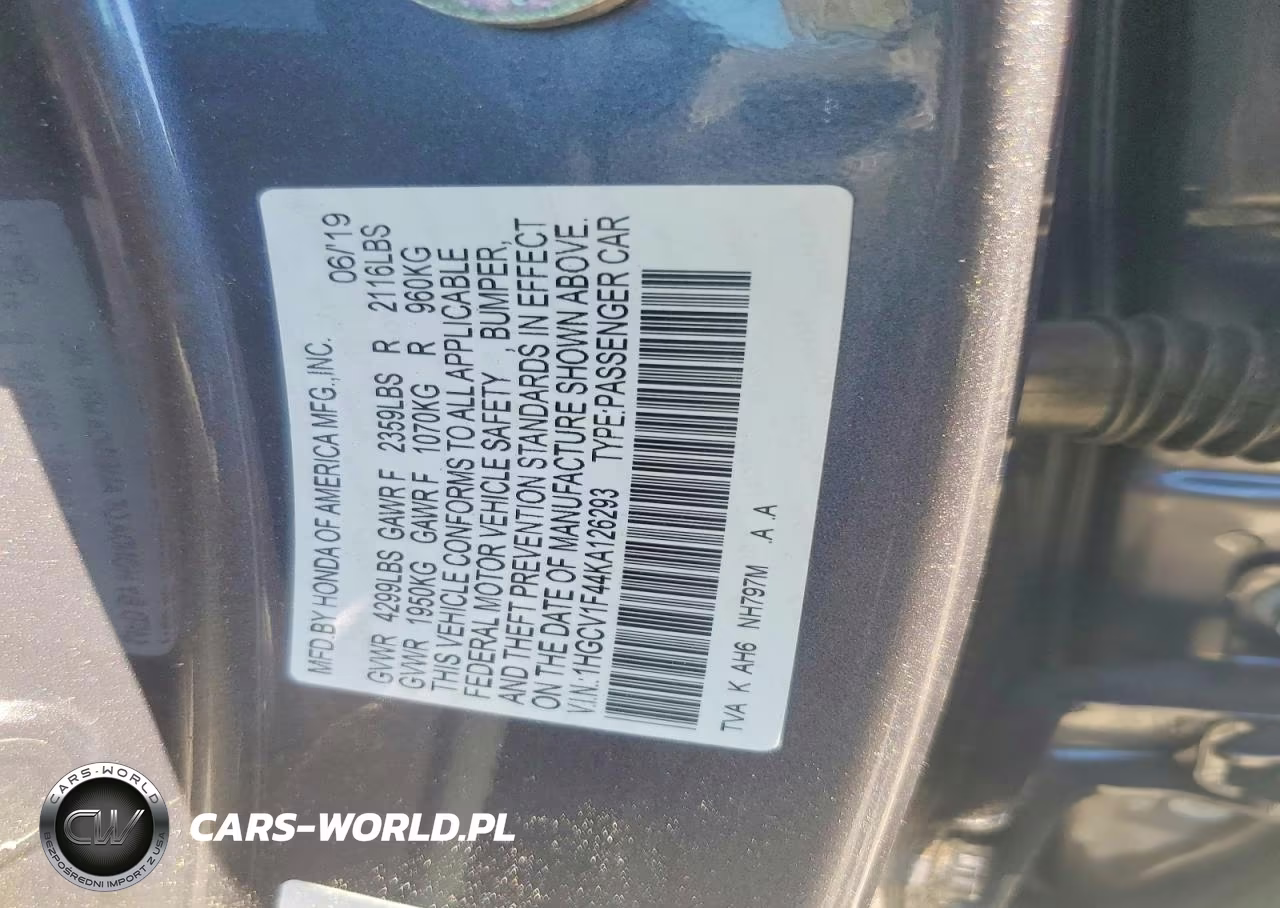 2019 Honda Accord Ex VIN:1HGCV1F44KA126293 - 12