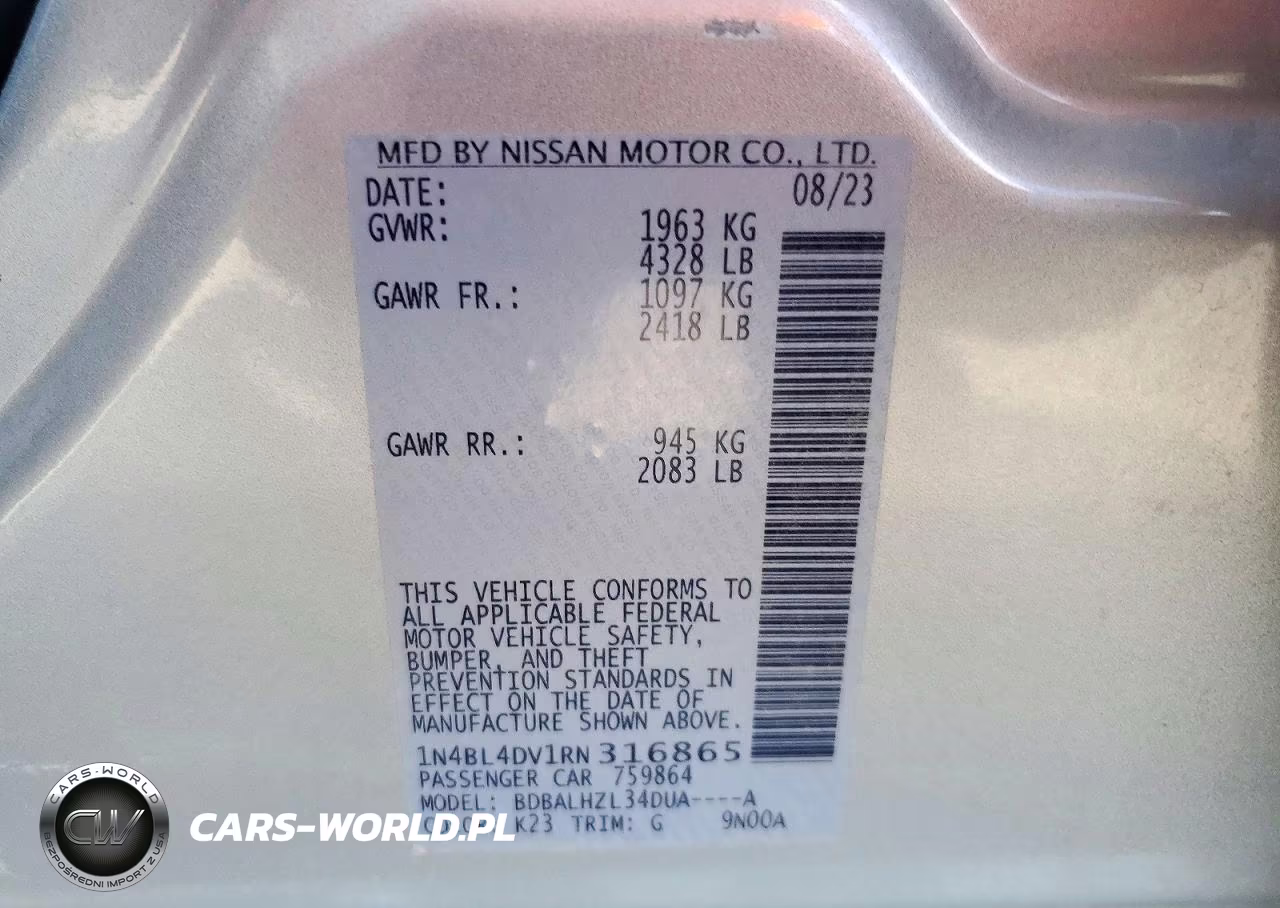 2024 Nissan Altima Sv VIN:1N4BL4DV1RN316865 - 12