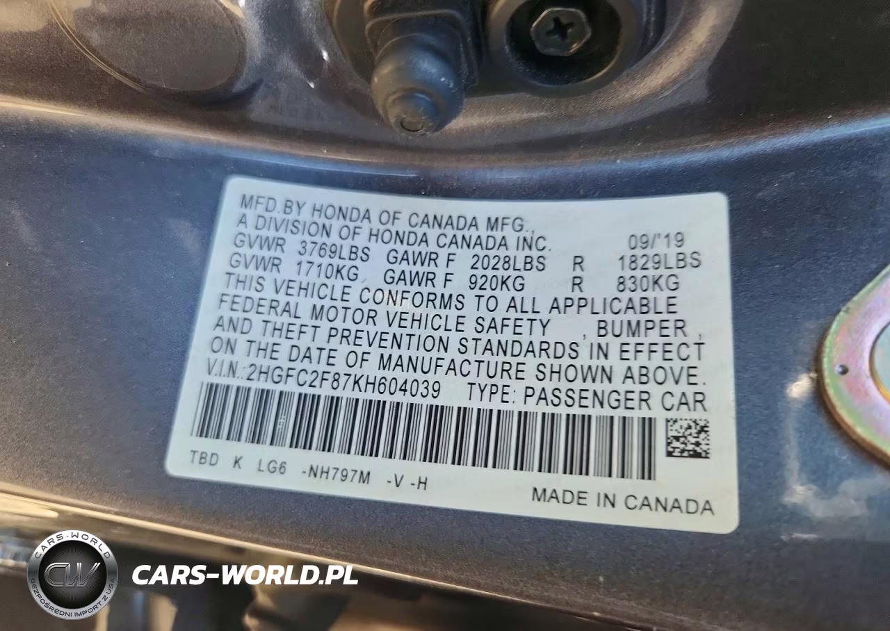 2019 Honda Civic Sport VIN:2HGFC2F87KH604039 - 12