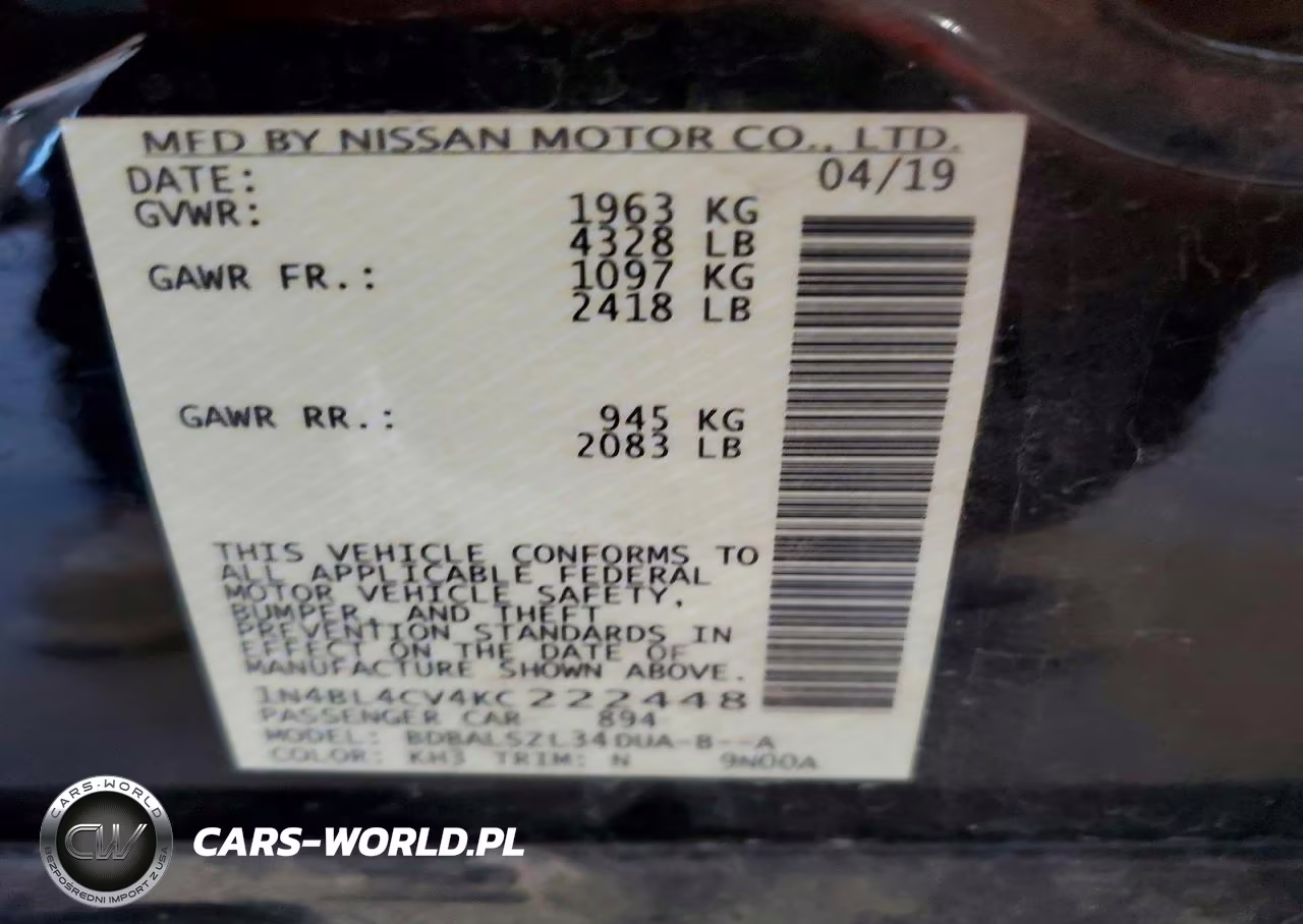 2019 Nissan Altima Sr VIN:1N4BL4CV4KC222448 - 13